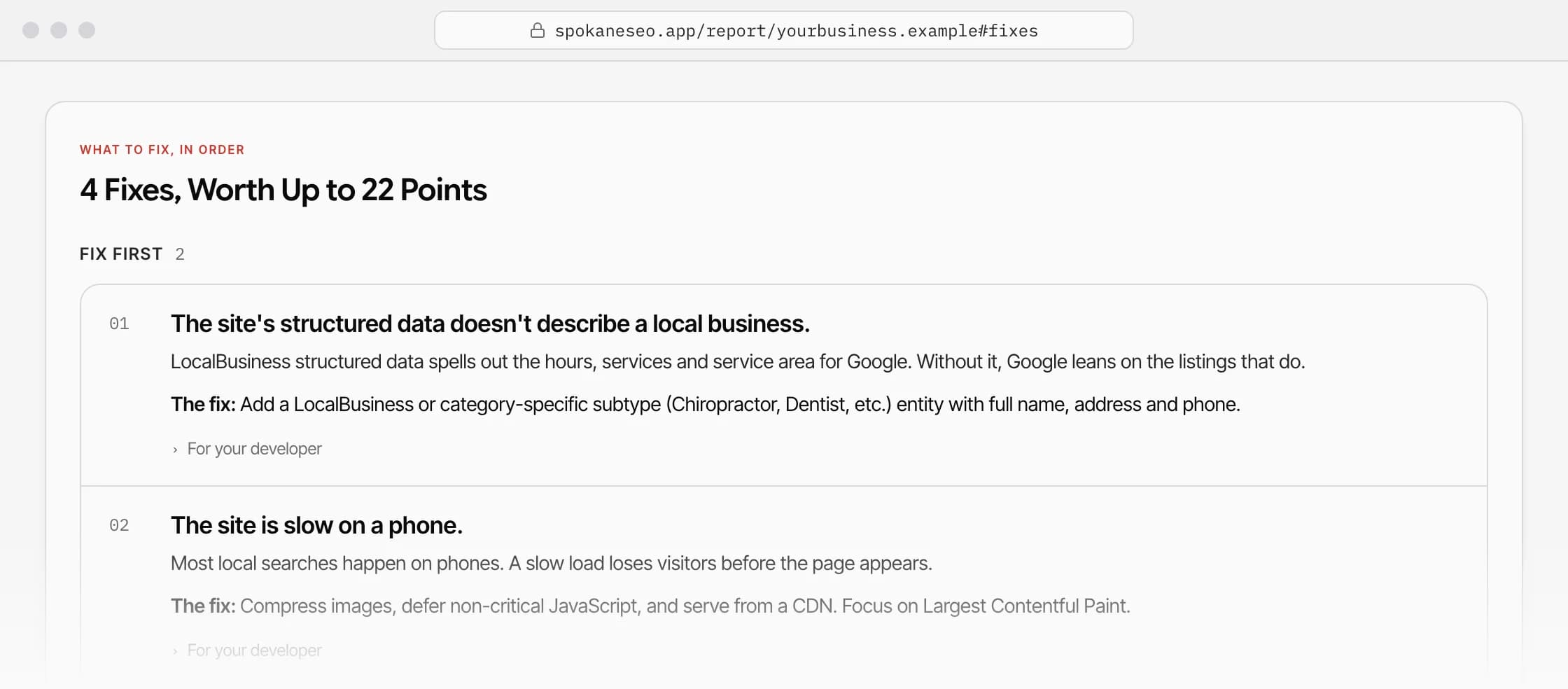 Example fix list from a spokaneseo.app report, ordered by impact: add LocalBusiness schema, collect more Google reviews, speed up the mobile page, and write a meta description.